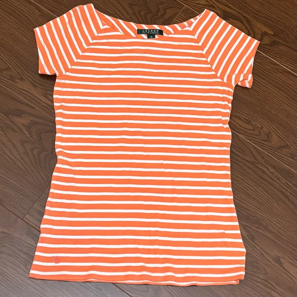 Lauren Ralph Lauren Boatneck Cap Sleeve Striped Tee Orange and White Size Med